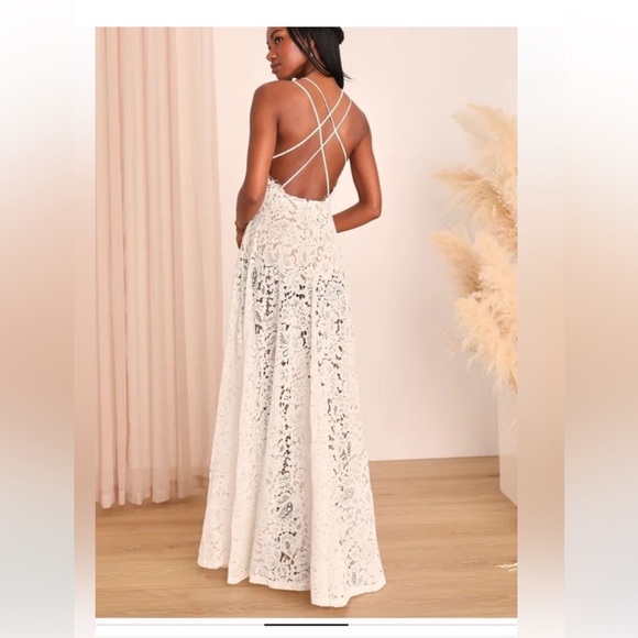 NWT Lulus M Lace Strappy Evening Formal Feminine Maxi Dress White Sheer Elegant - Picture 3 of 10